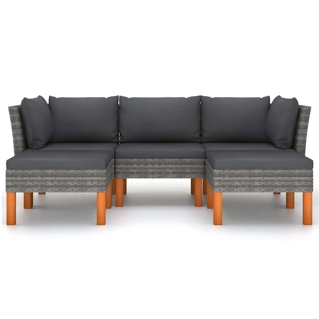 5 Piece Outdoor Lounge Set with Cushions Grey Poly Rattan Steel Frame and Eucalyptus Wood Legs