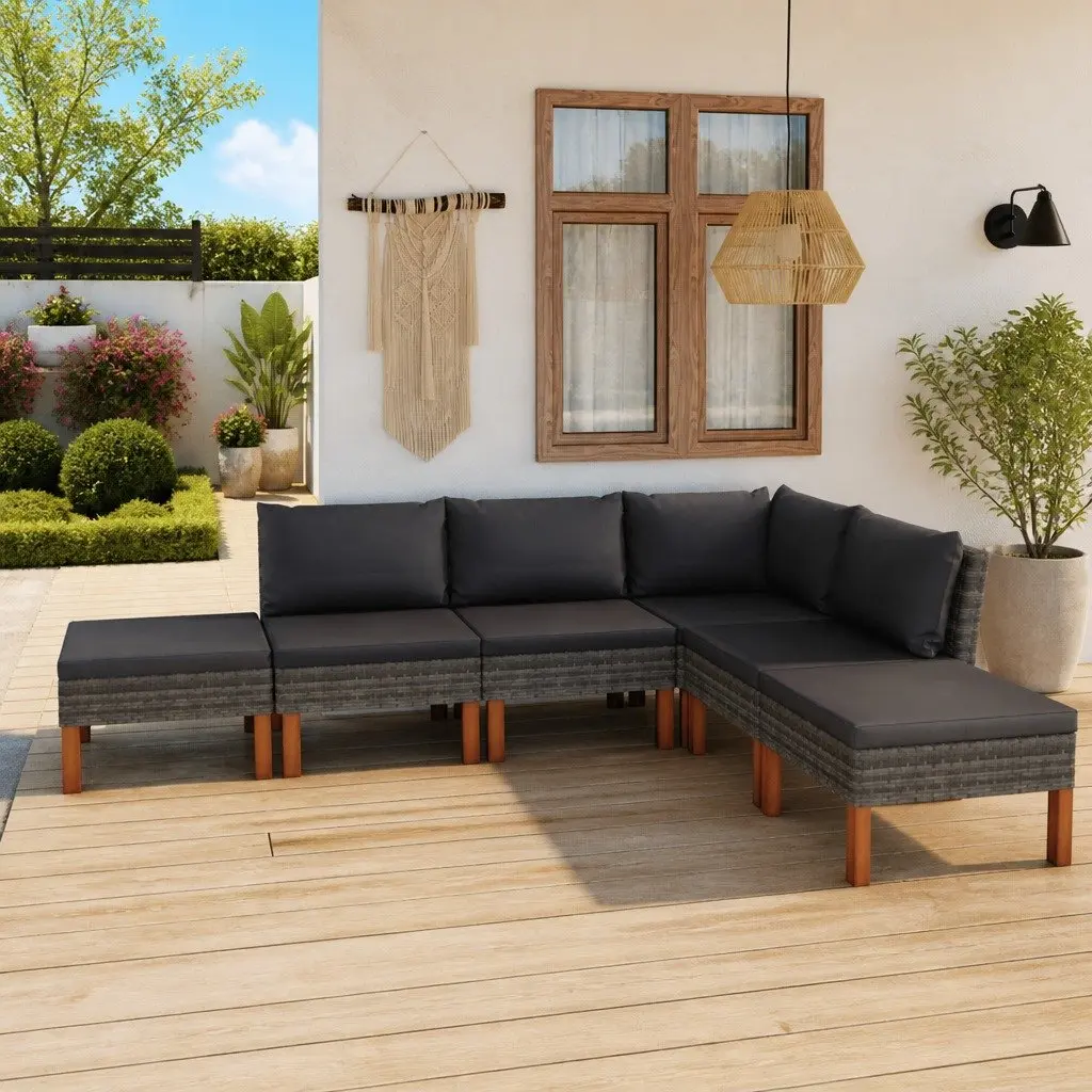 Garden Lounge Set 6 Piece Grey Poly Rattan Outdoor Furniture with Cushions