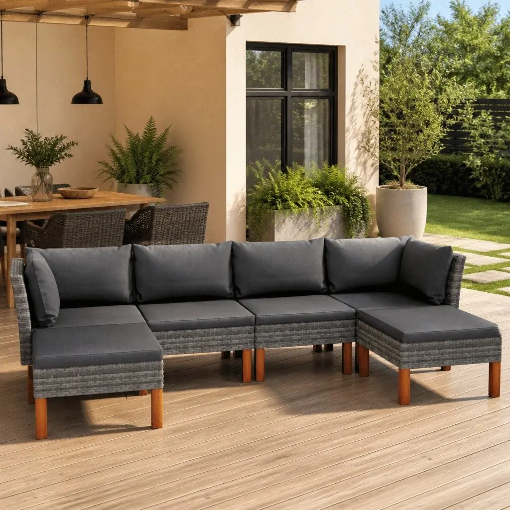 Outdoor Furniture Set Grey 6 Piece Lounge Sofa with Cushions Poly Rattan and Steel Frame