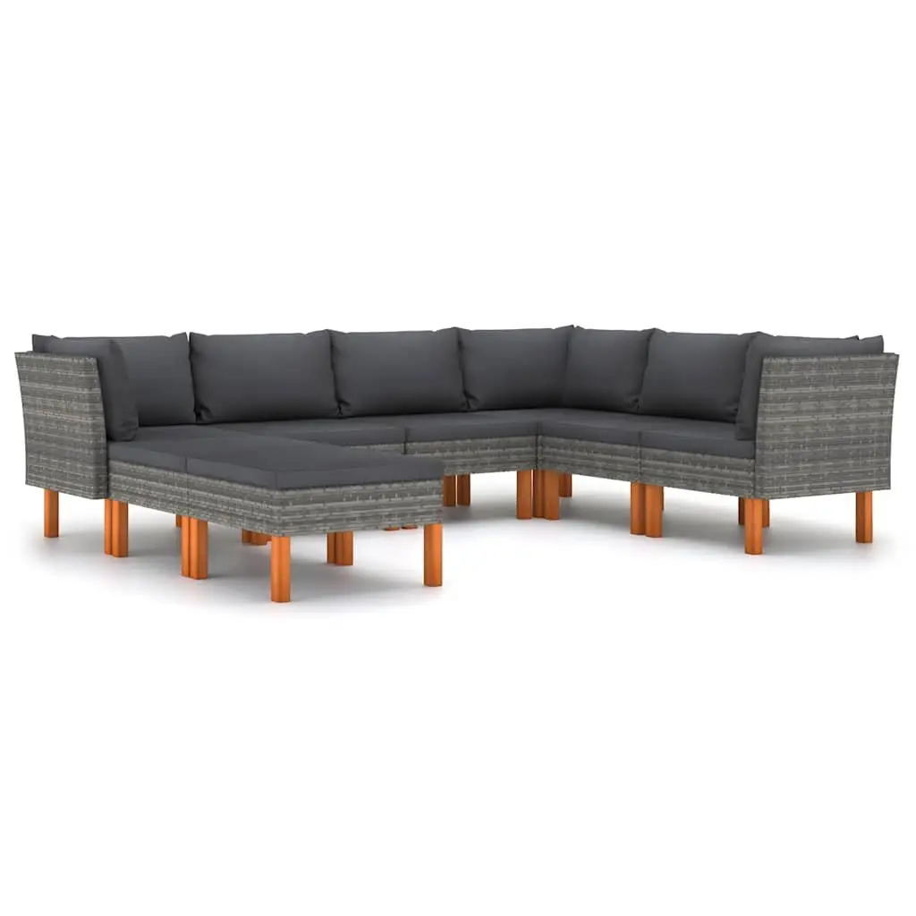 Outdoor Sofa Set 8 Piece Grey Rattan Garden Lounge with Cushions Powder-Coated Steel Frame and Eucalyptus Wood Legs