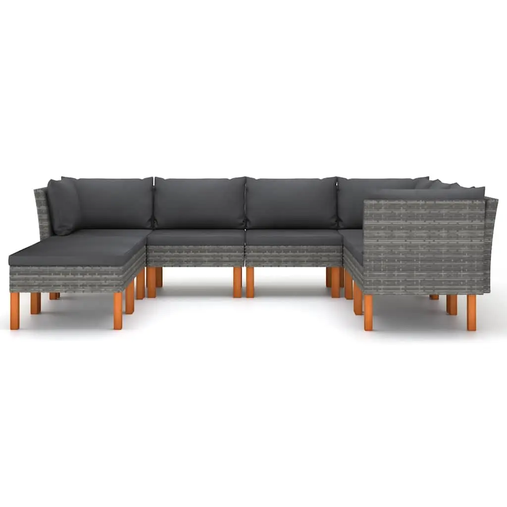 Outdoor Sofa Set 8 Piece Grey Rattan Garden Lounge with Cushions Powder-Coated Steel Frame and Eucalyptus Wood Legs