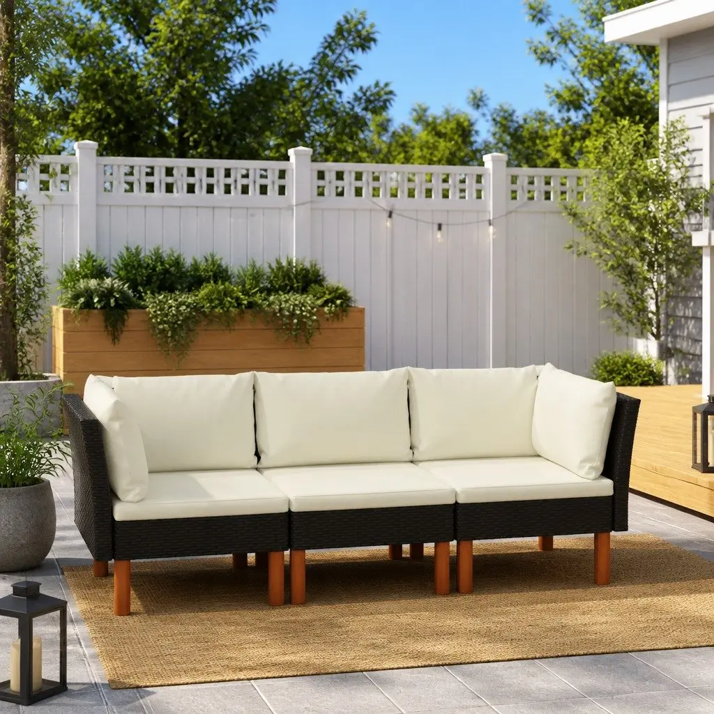 3-Seater Garden Sofa Black Poly Rattan Outdoor Lounge Couch with Cushions