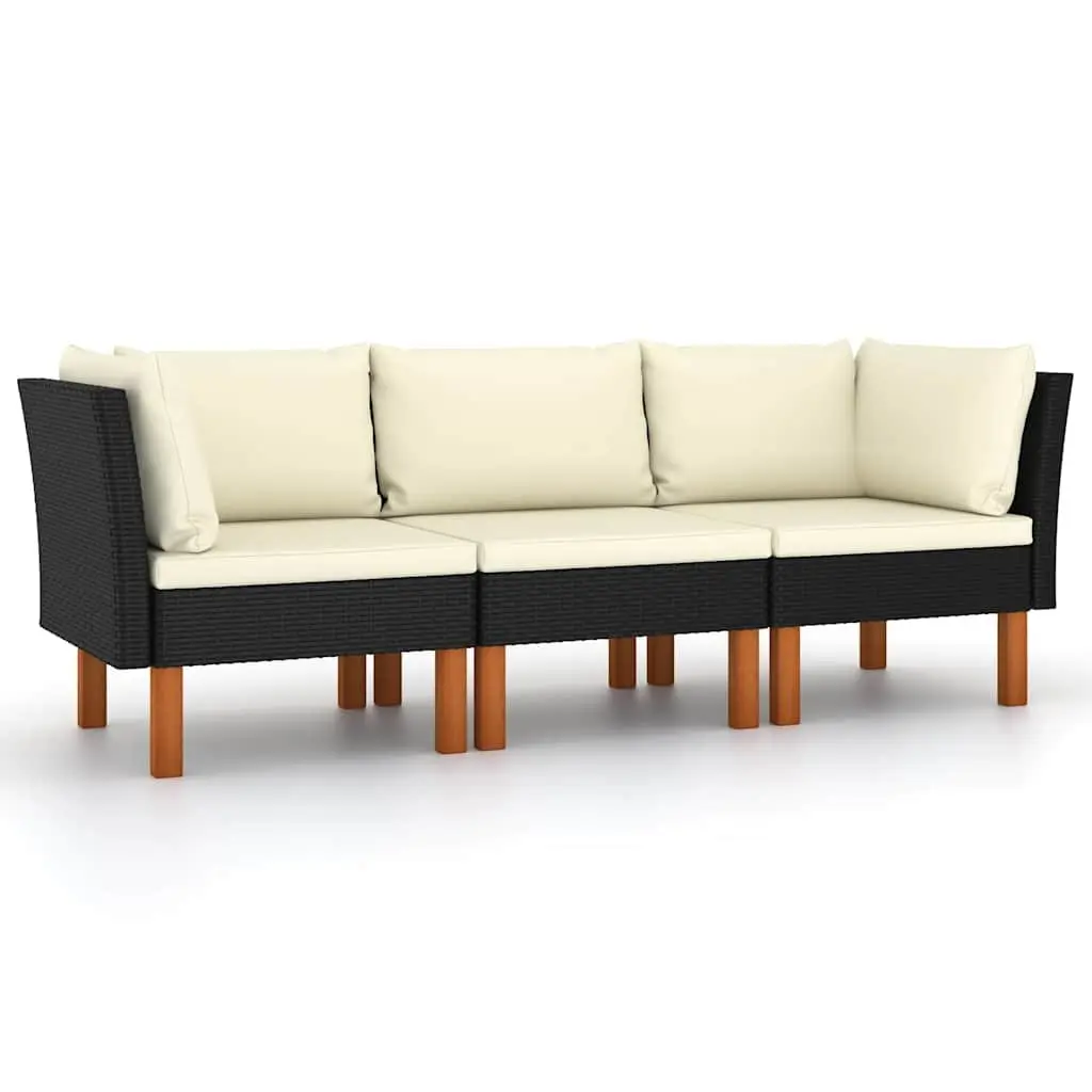3-Seater Garden Sofa Black Poly Rattan Outdoor Lounge Couch with Cushions