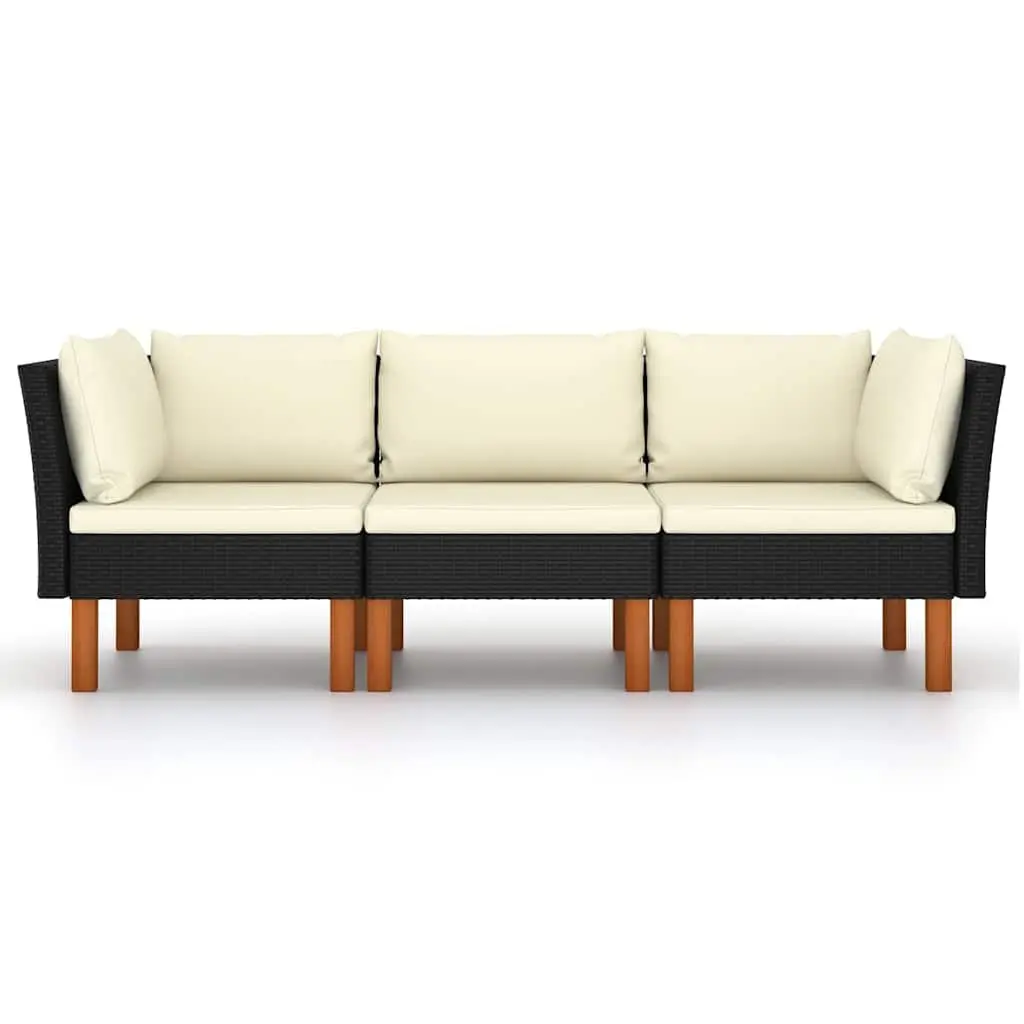 3-Seater Garden Sofa Black Poly Rattan Outdoor Lounge Couch with Cushions