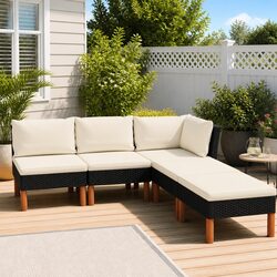 5 Piece Outdoor Garden Lounge Set Black PE Rattan Sofa with Cushions