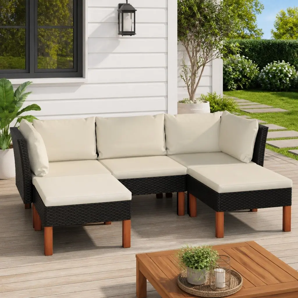 Garden Lounge Set 5 Piece Outdoor Sofa PE Rattan Cushions Black Patio Furniture