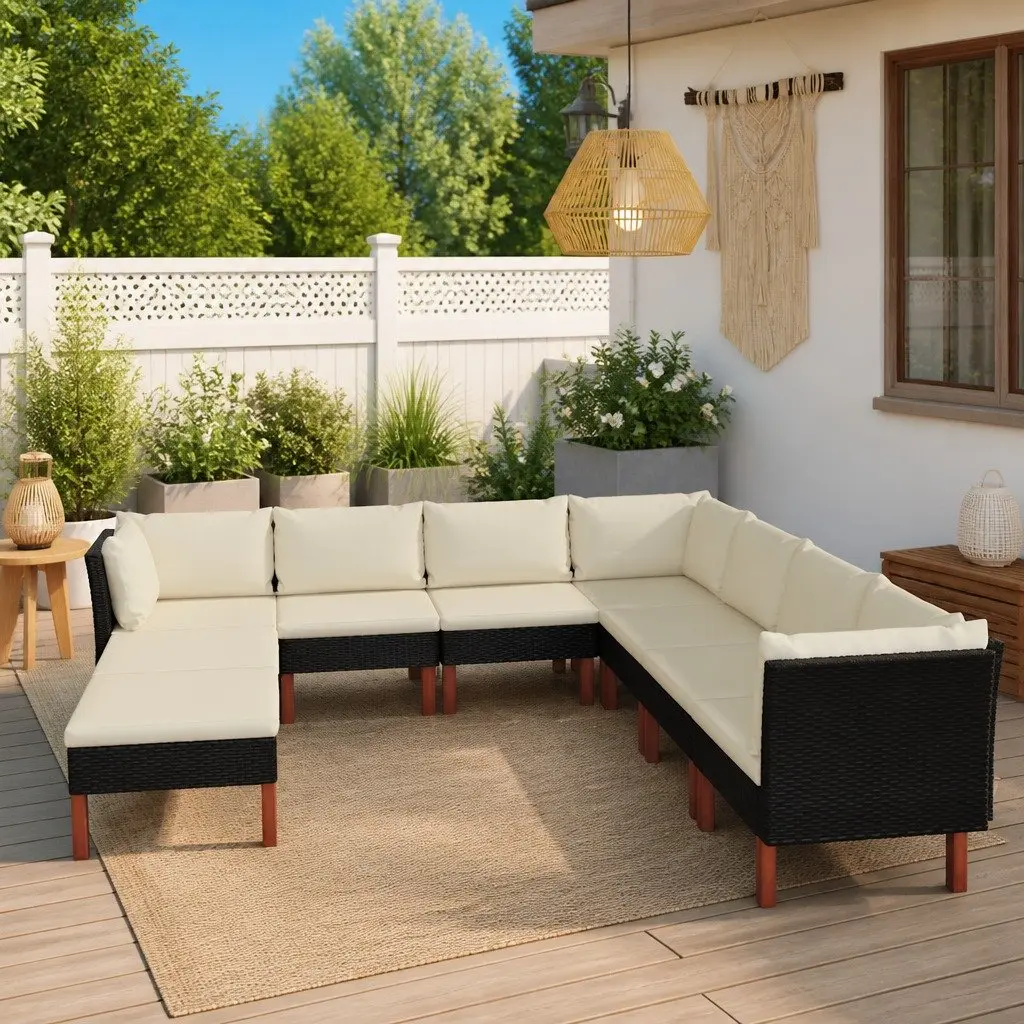 Outdoor Furniture Set 9 Piece Poly Rattan Garden Lounge Sofa with Cushions Black