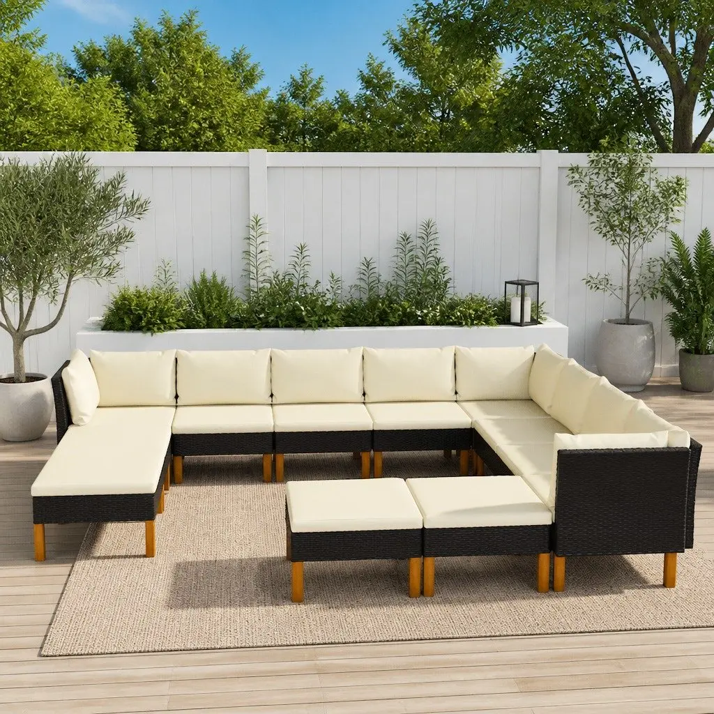 Outdoor Sofa Set 12 Piece Black Cushioned Poly Rattan Garden Lounge Furniture
