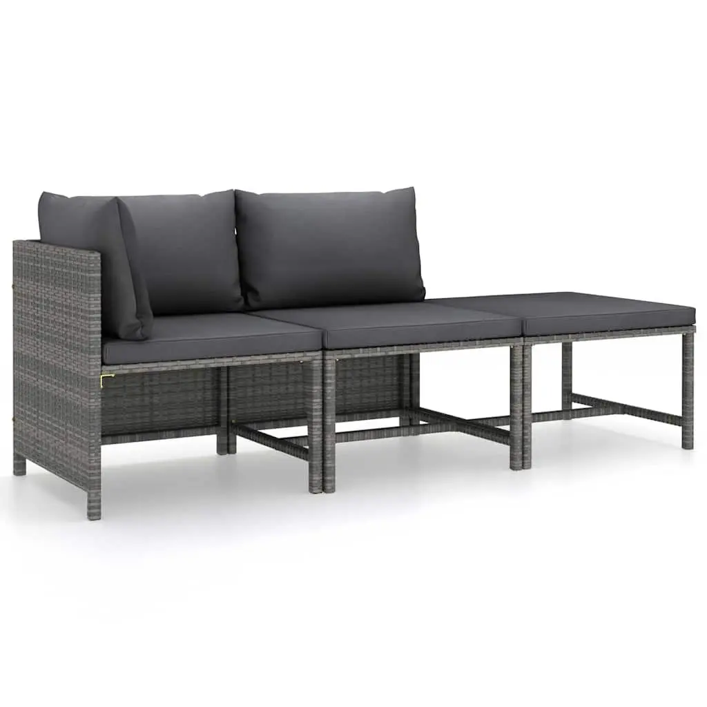 Outdoor Garden Lounge Set Poly Rattan Grey 3 Piece with Cushions Footstool