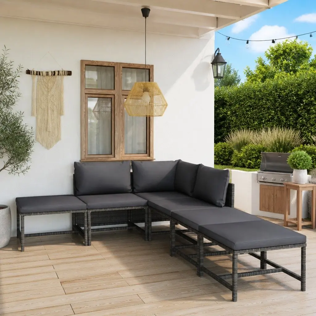 6 Piece Outdoor Furniture Set Modular Poly Rattan Lounge with Cushions Grey