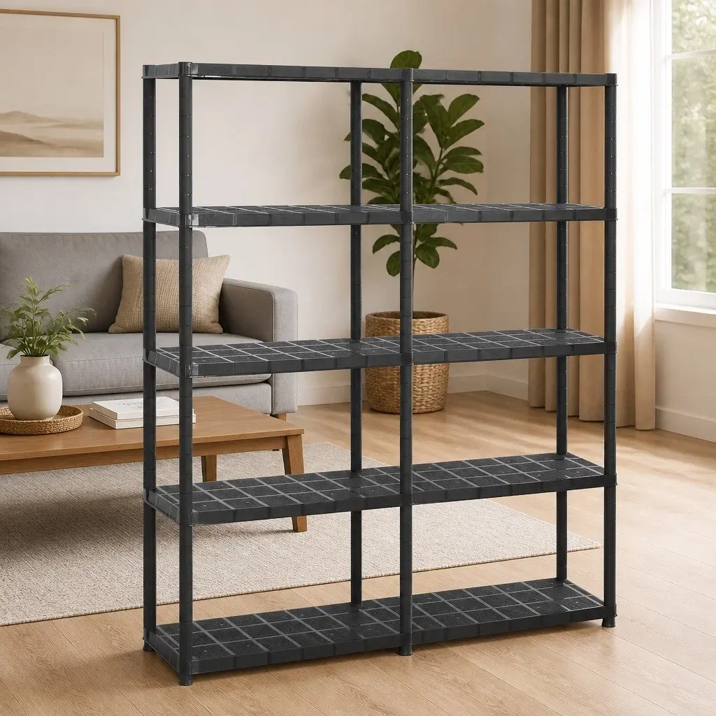 5-Tier Storage Shelf Compact Black Plastic Shelving Unit