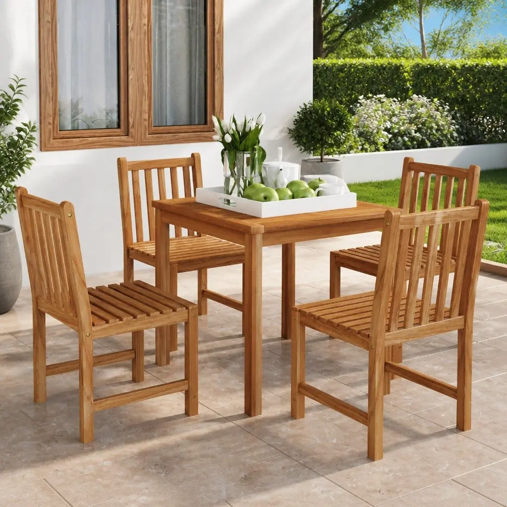 Garden Dining Set Solid Teak Wood 5 Piece Outdoor Furniture Brown