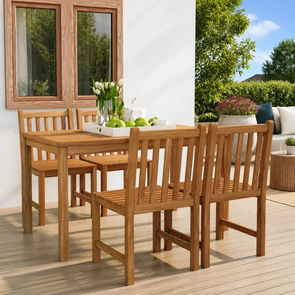 Teak Wood 5 Piece Garden Dining Set Outdoor Furniture Table and Chairs Brown