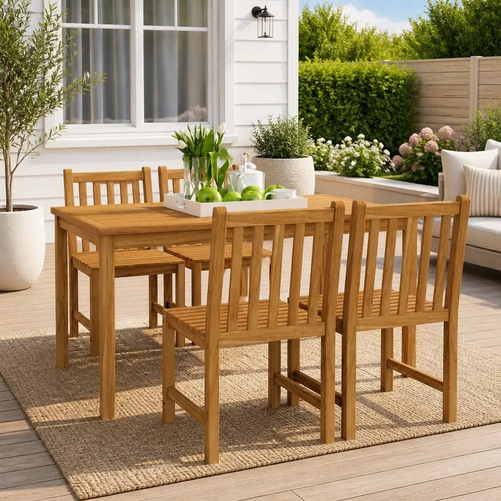 Garden Dining Set 5 Piece Solid Teak Hardwood Outdoor Furniture Table Chairs Brown