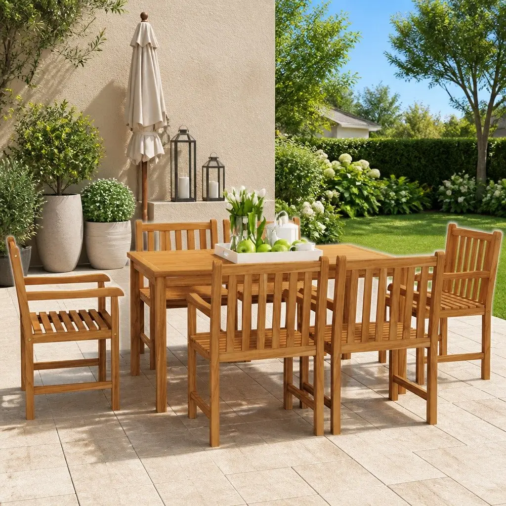 Garden Dining Set Teak Wood 7 Piece Brown