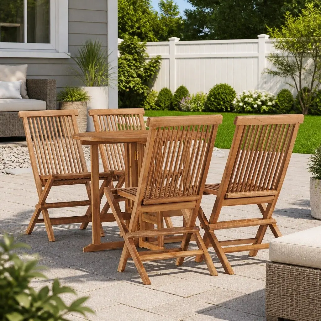 Outdoor Dining Set Folding Teak Wood 5 Piece Table Chairs Garden Patio Furniture