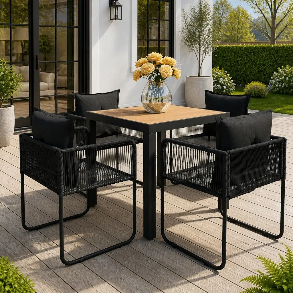 5 Piece Garden Dining Set Outdoor Patio Black Rattan Chairs Table