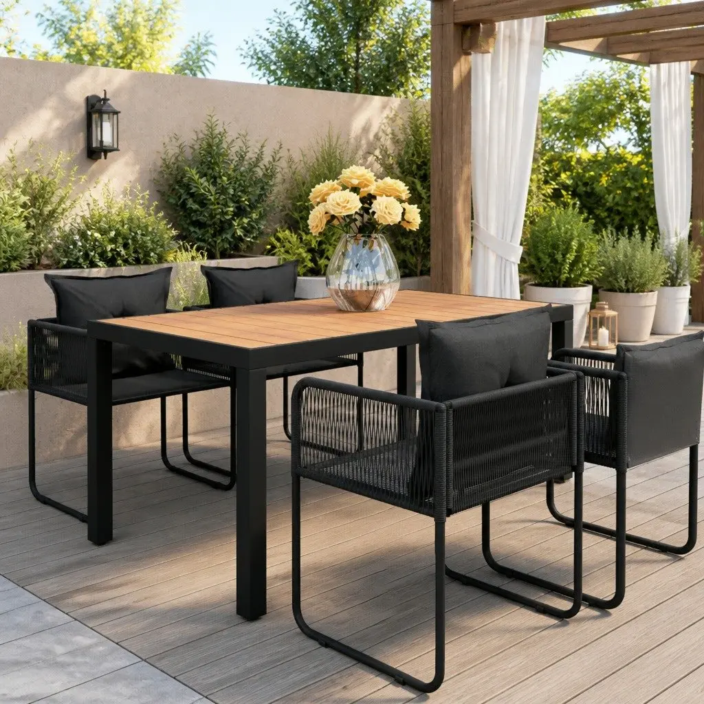 Outdoor Patio Furniture Set 5 Piece Black Rattan Chairs with Aluminium Table WPC Top for Garden and Terrace