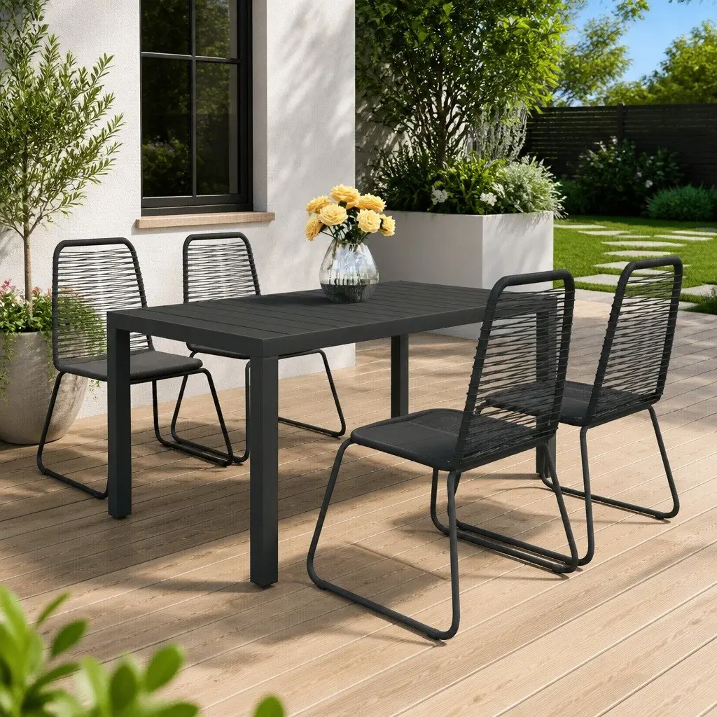 5 Piece Black Rattan Patio Dining Set Outdoor Furniture with Lightweight Aluminium Table and Steel Frame Chairs