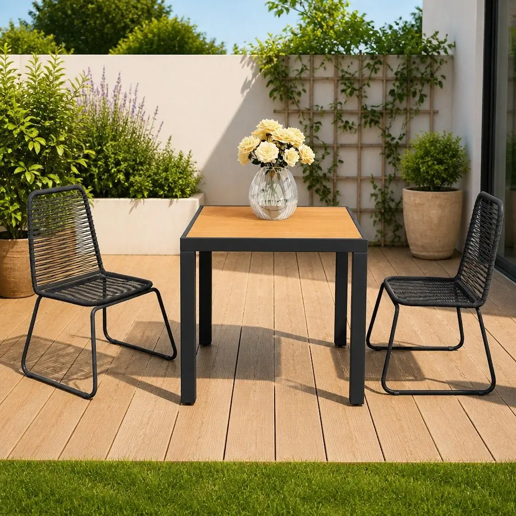 Garden Dining Set Durable PVC Rattan Chair Table 3 Piece Black
