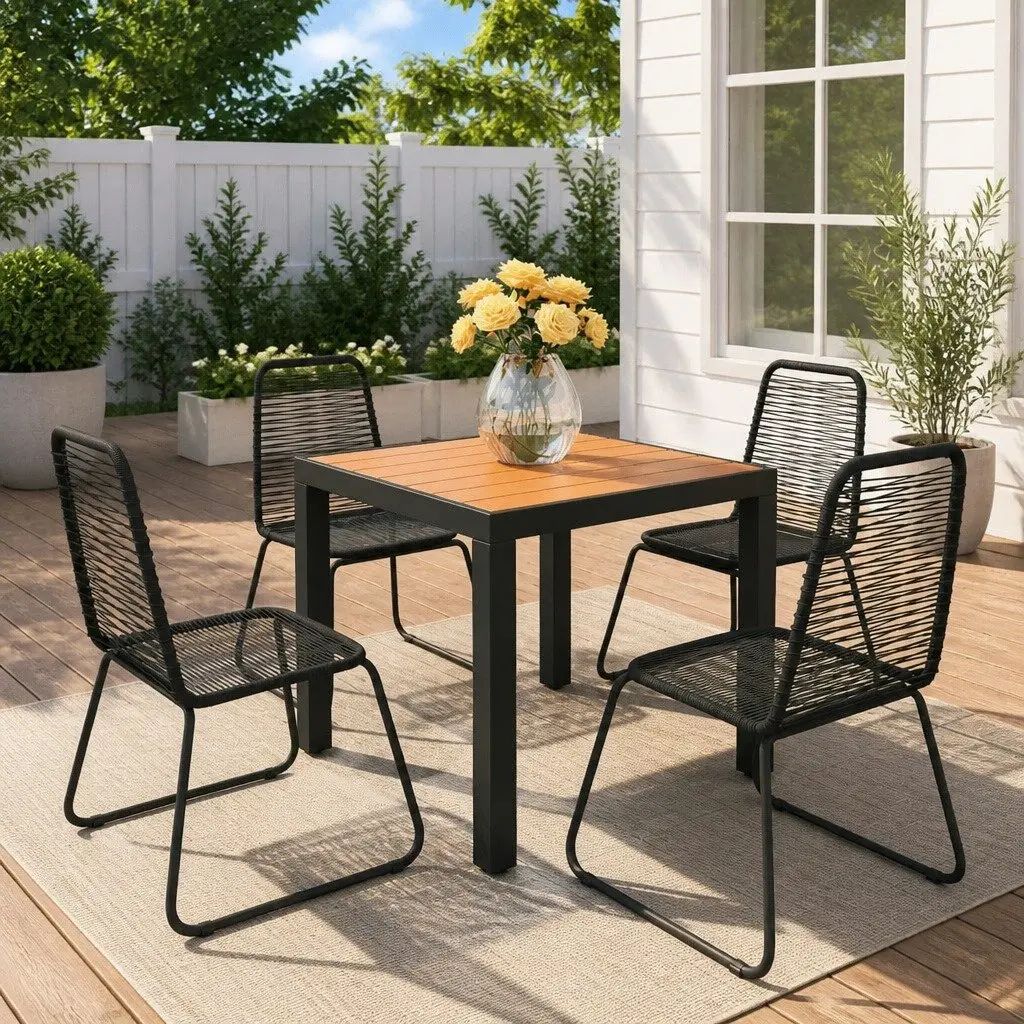 5 Piece Patio Dining Set Black PVC Rattan Chairs and Table Outdoor Furniture for Garden