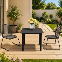 3 Piece Garden Dining Set Outdoor Patio Furniture Black Rattan Steel Frame