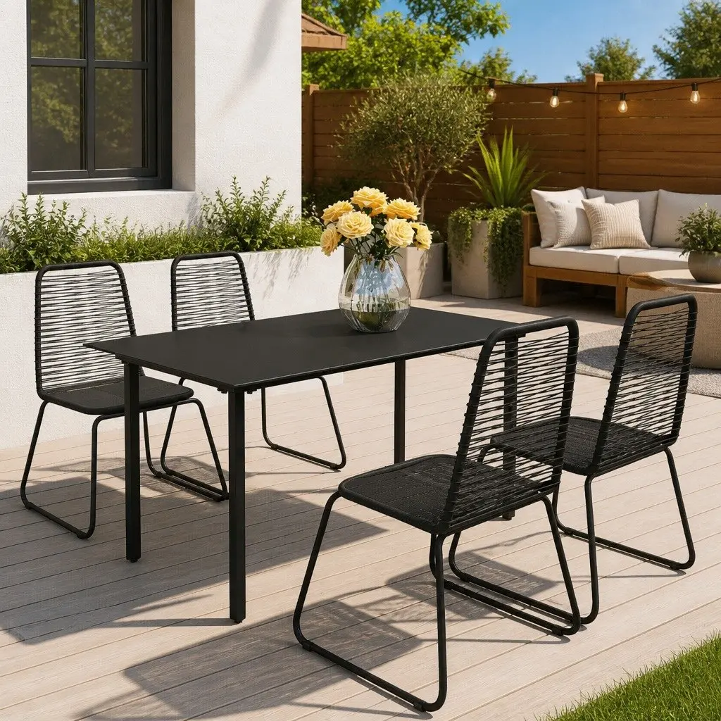 5 Piece Outdoor Dining Set Black PVC Rattan Chairs Glass Top Table