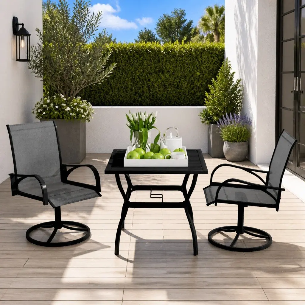 3 Piece Outdoor Dining Set Steel Frame Textilene Chairs Grey