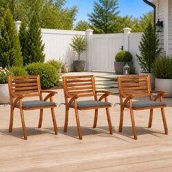 Outdoor Dining Chairs Set of 3 with Grey Cushions Solid Wood Garden Seating