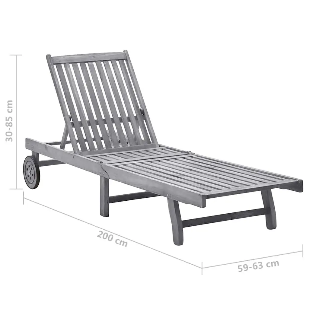 Sun Lounger Adjustable Backrest and Footrest Grey Wooden Outdoor Garden Lounger with Cushion