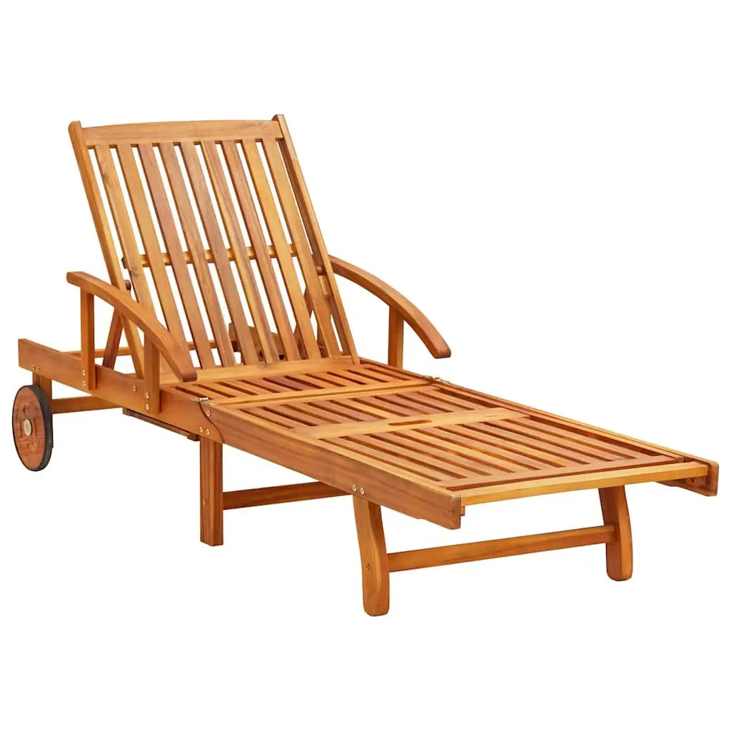 Sun Lounger Solid Wood Acacia Adjustable Backrest with Wheels and Pull-Out Table