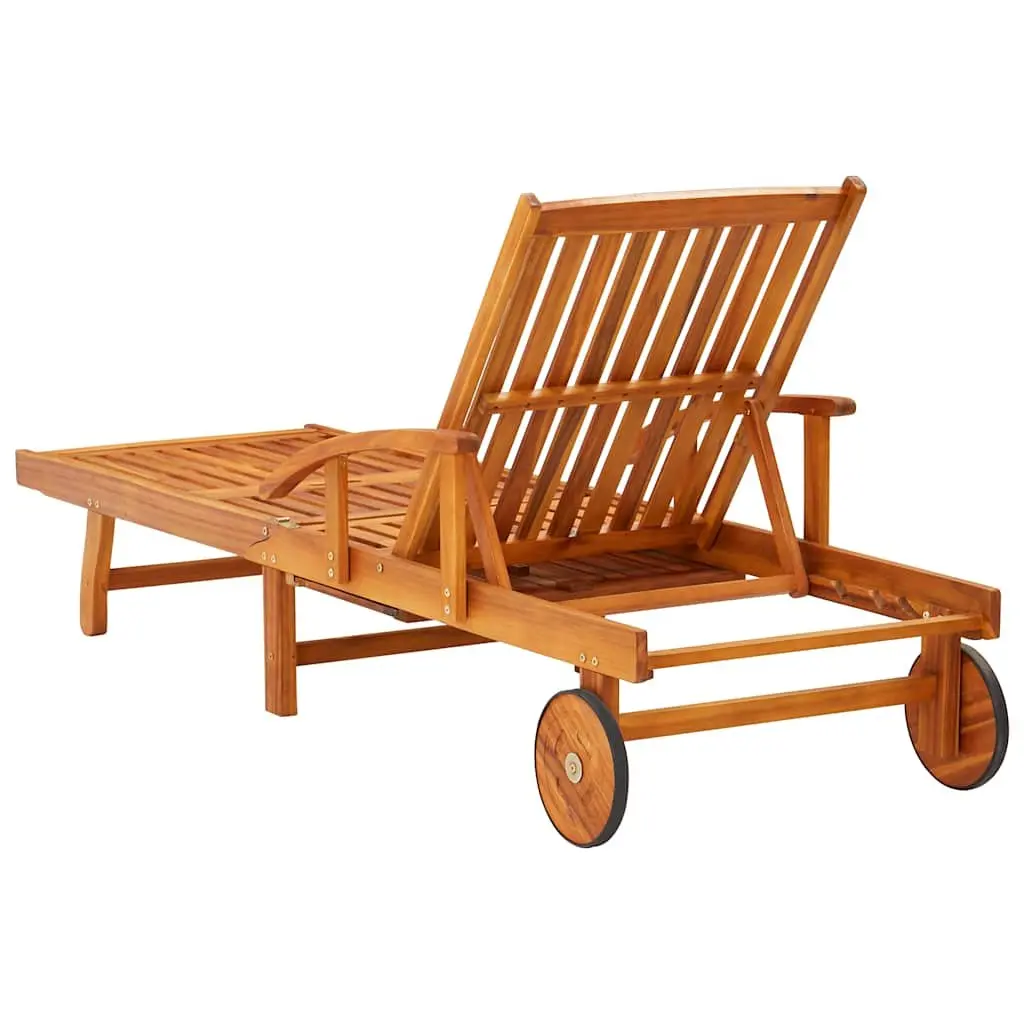 Sun Lounger Solid Wood Acacia Adjustable Backrest with Wheels and Pull-Out Table