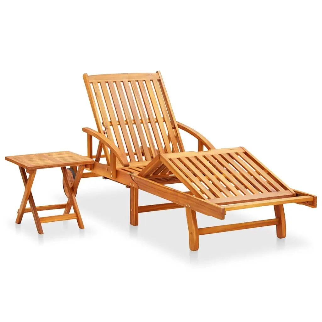 Adjustable Backrest Sun Lounger with Cushion and Side Table Solid Acacia Wood Black