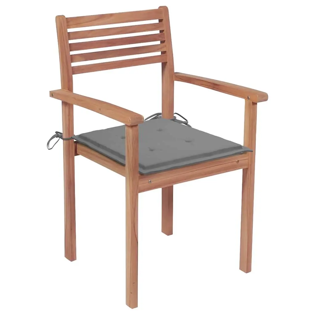 Teak Wood Outdoor Garden Chairs Set of 4 Stackable with Grey Cushions