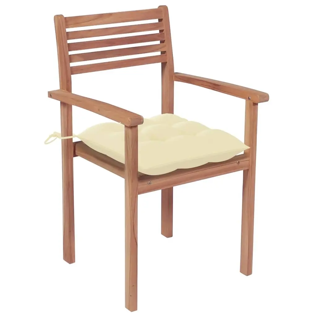 Outdoor Garden Chairs Set 4 pcs Teak Wood Stackable with Cream Cushions Seating