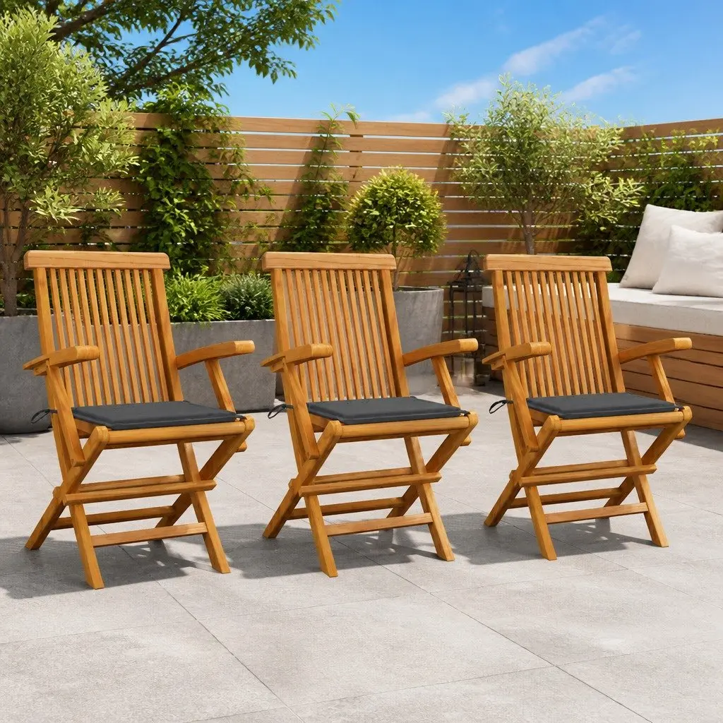 Outdoor Garden Chairs Set Teak Wood Foldable 3 Piece with Cushions