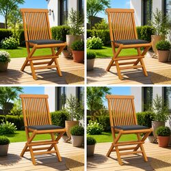 Set of 4 Folding Garden Chairs with Teak Wood and Cushions