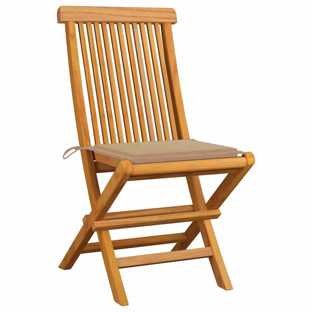 Folding Teak Wood Garden Chairs Set of 4 with Beige Cushions for Outdoor Dining