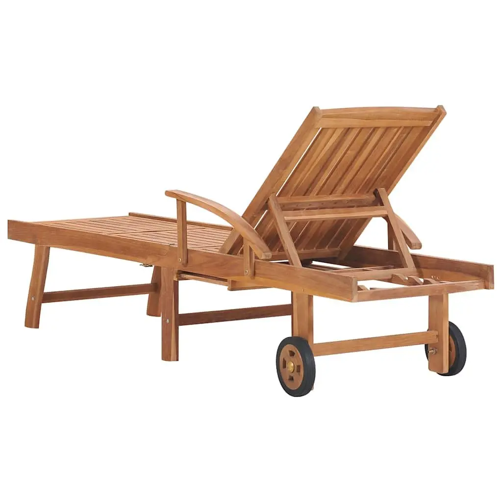 Sun Lounger Teak Hardwood Adjustable Backrest with Wheels Grey Cushion
