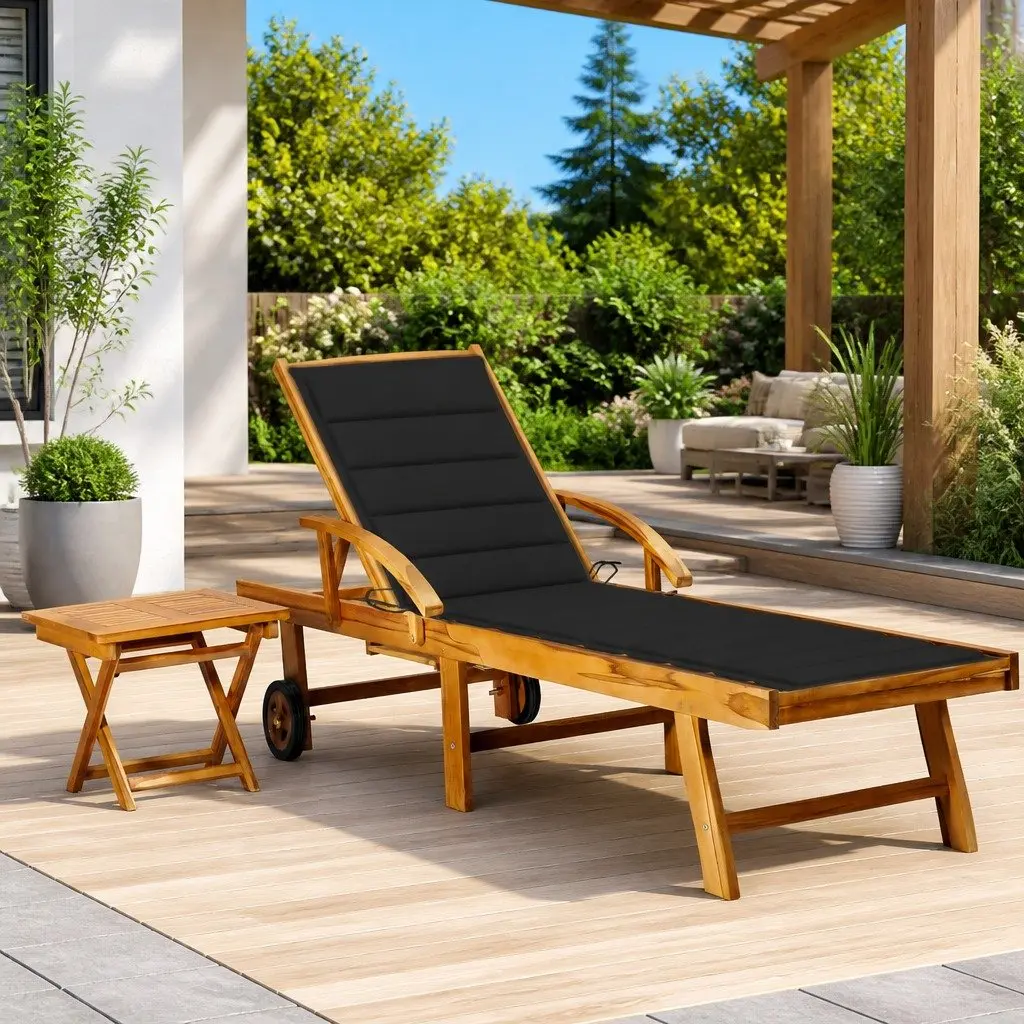 Sun Lounger Adjustable Backrest 2 Wheels with Side Table Anthracite Teak Wood Outdoor Lounge Chair