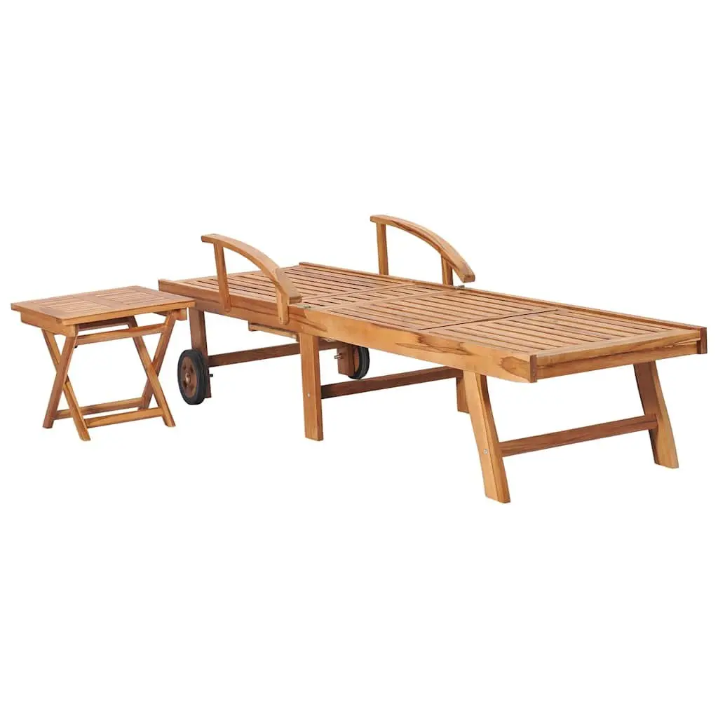 Sun Lounger Adjustable Backrest Teak Wood with Side Table Grey