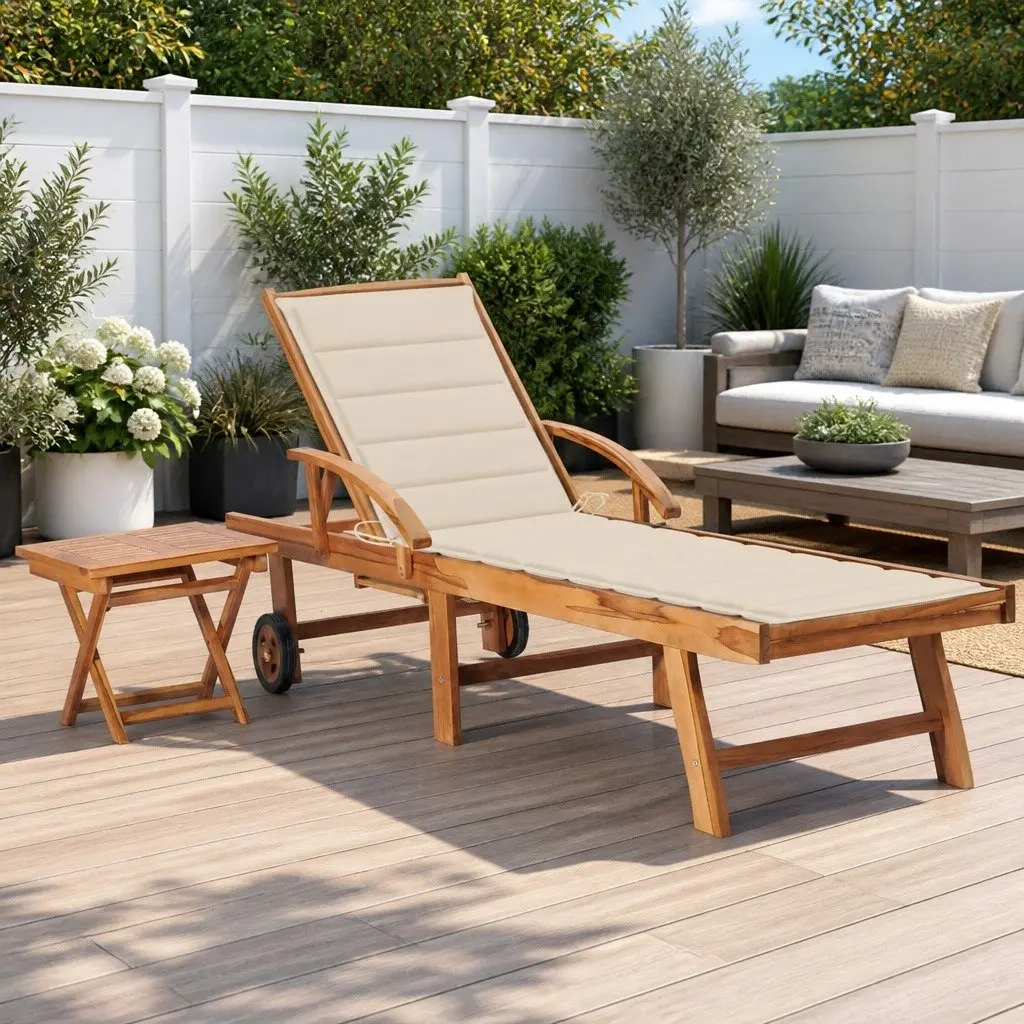 Sun Lounger Adjustable Backrest Wooden with Cushion Side Table Outdoor Garden Cream