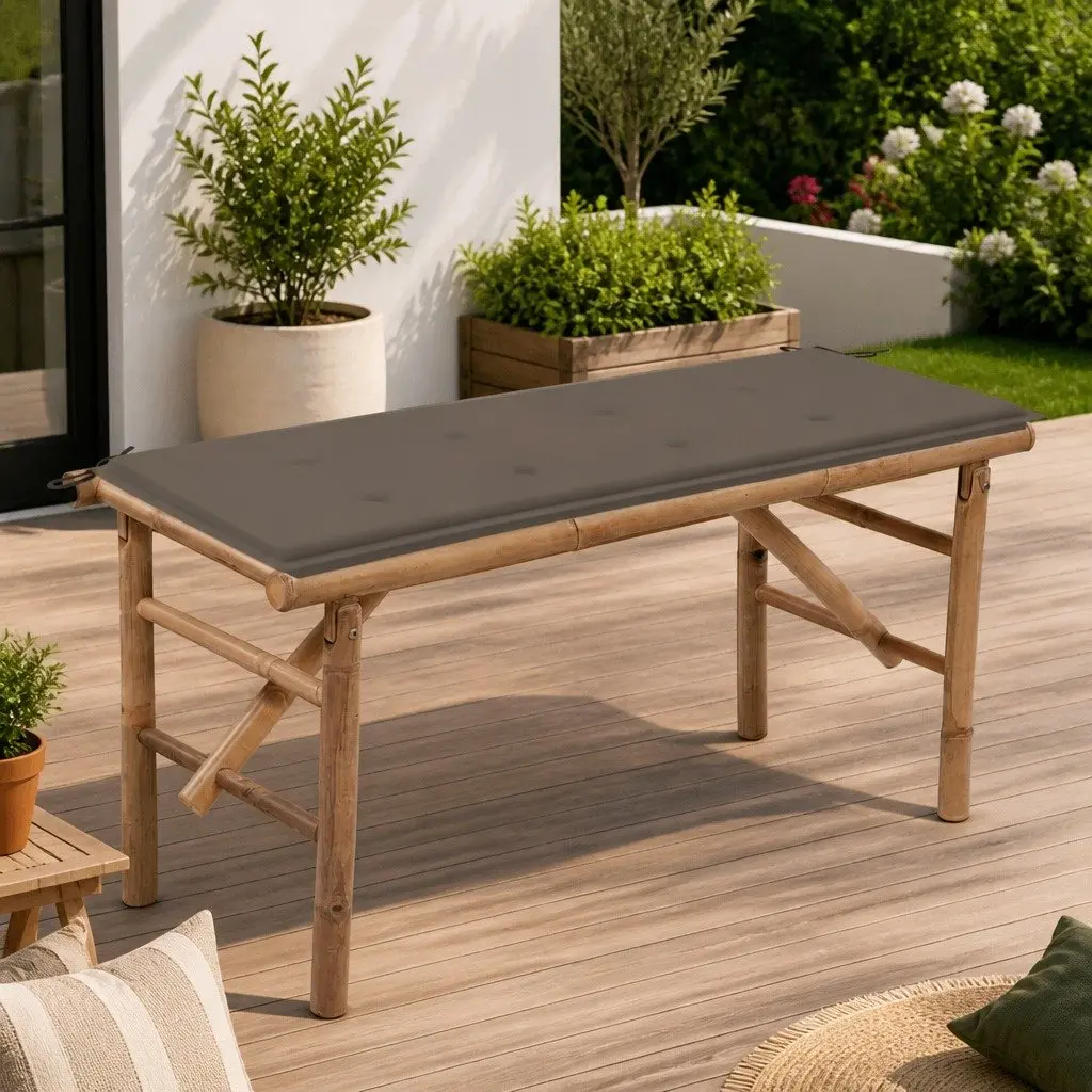 Folding Garden Bench Portable 118cm Bamboo Outdoor Seating with Cushion