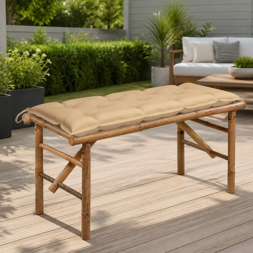 Folding Bamboo Garden Bench 118cm Outdoor Seating with Beige Cushion Portable