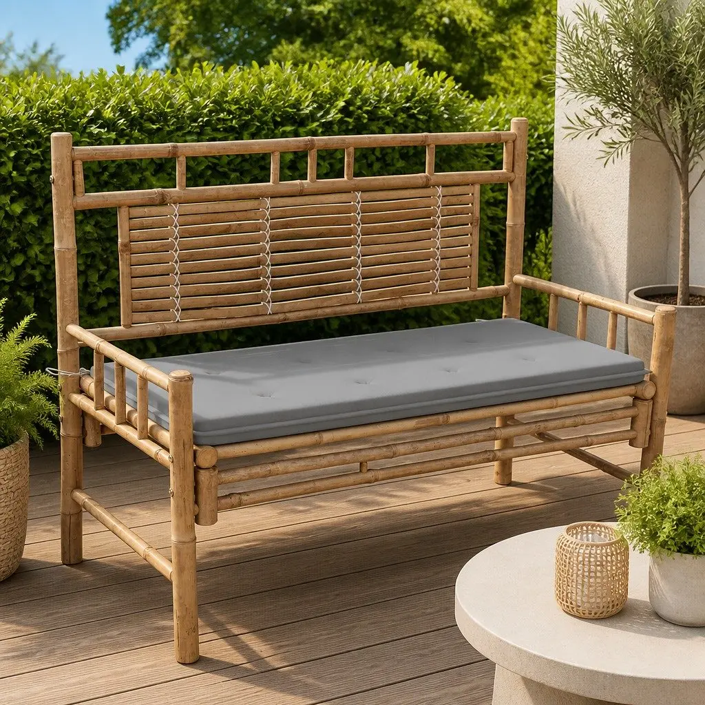 Outdoor Garden Bench 120cm with Backrest Cushion Grey Bamboo Seating Furniture