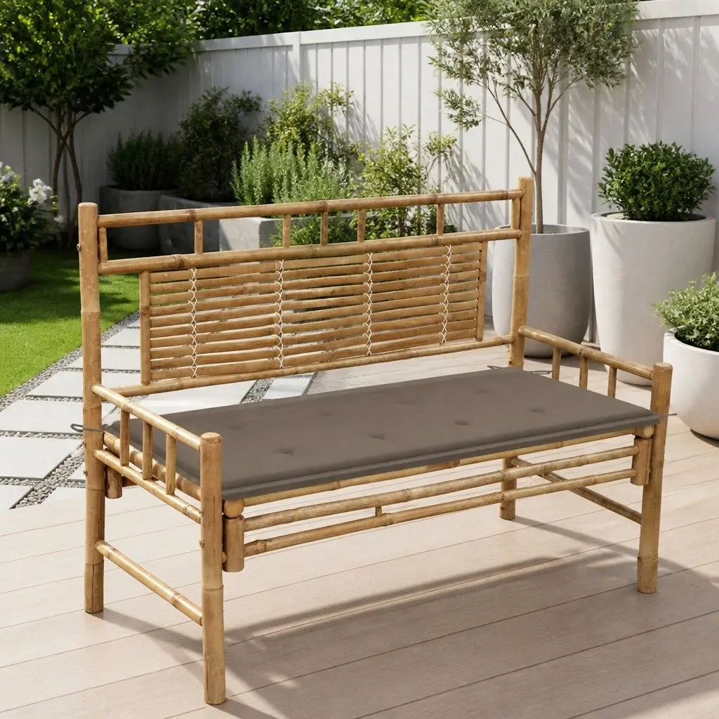 Outdoor Garden Bench 120cm Bamboo Backrest Seat with Taupe Cushion Lounger