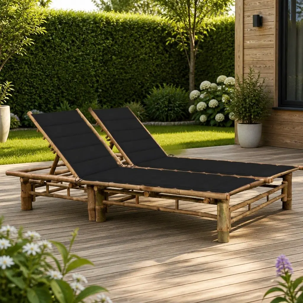 2-Person Sun Lounger Bamboo Garden Outdoor Seating Reclining Lounger with