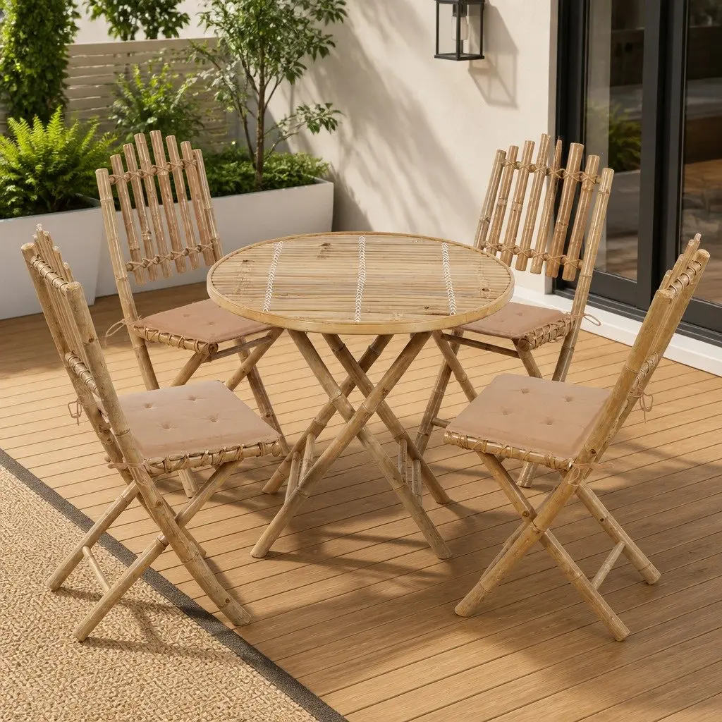 Folding Outdoor Dining Set 5 Piece Bamboo Garden Table Chairs with Cushions