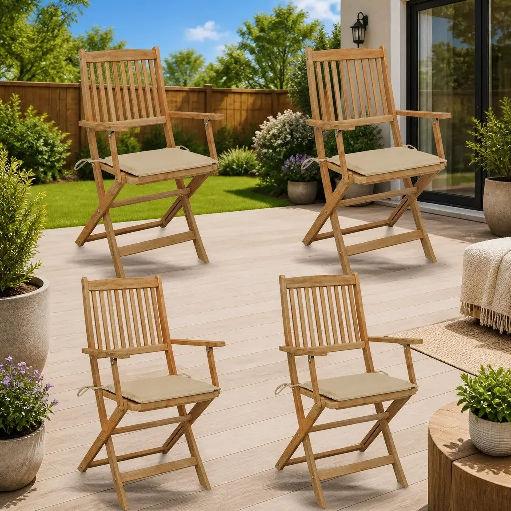Acacia Wood Folding Chairs Set of 4 with Cushions Beige