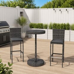 Garden Bar Set 3 Piece Outdoor Furniture Poly Rattan Stools with Cushions Grey